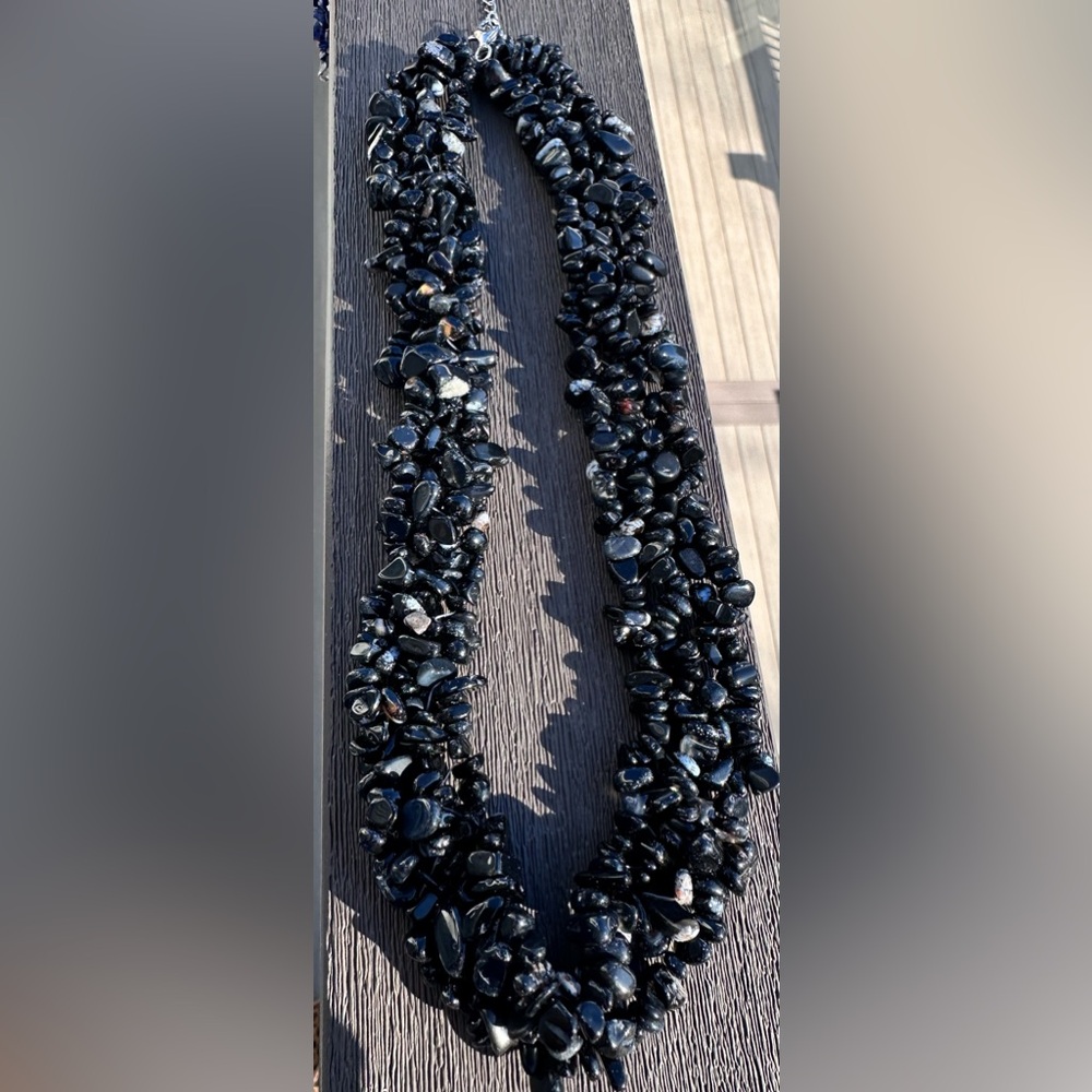 Obsidian multi-layer necklace of polished black obsidian chips and sterling